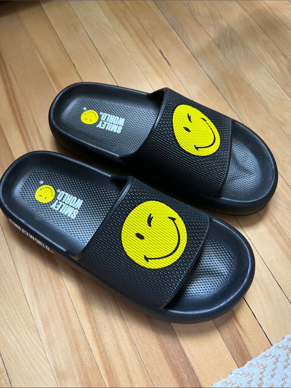 Smiley World Black Slide Sandals with Yellow Smiley